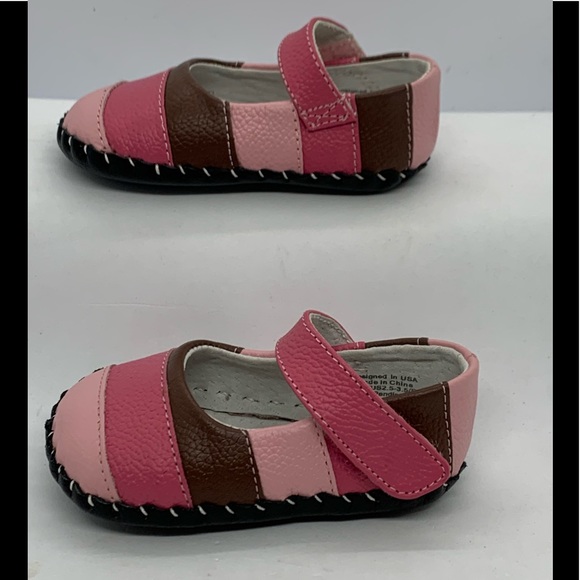 Pediped Pink & Brown Stripe Leather Crib Shoes 0-6m - Picture 3 of 7